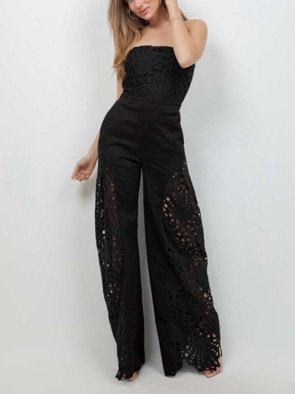 Strapless Black Crochet Wide-Leg Jumpsuit - Picture 7 of 12